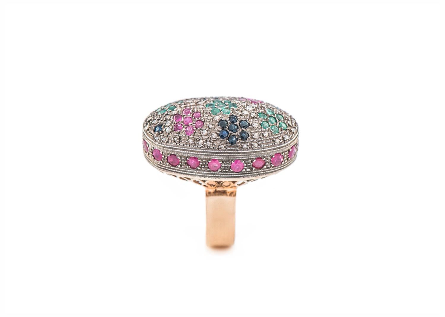 Bombé cocktail ring set with rubies, emeralds and sapphires on rose gold